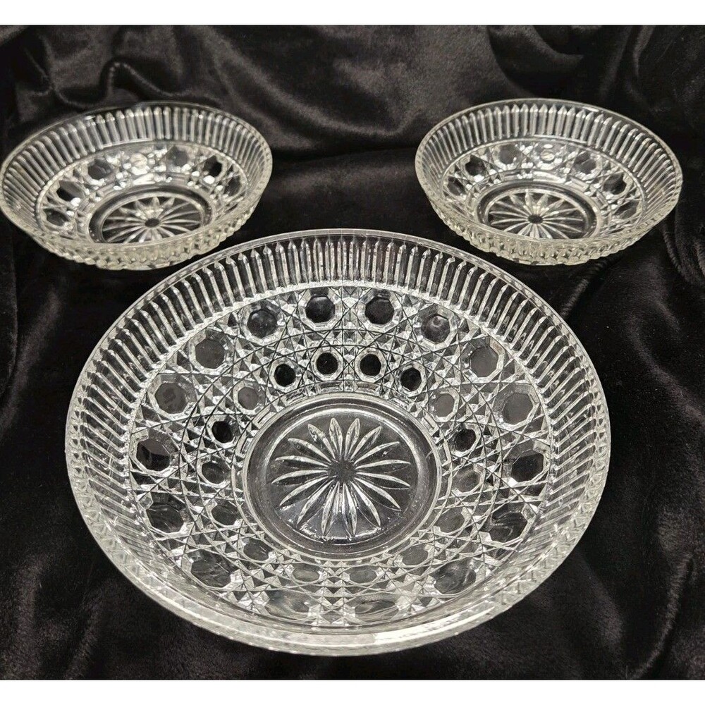 Vintage Federal Glass Windsor Clear 3pc Bowl Set Serving Dessert Flaws